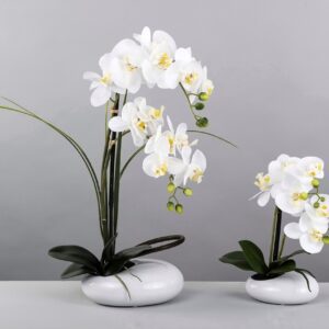 CENTRO ORQUÍDEA BLANCA CON HOJA CON BASE HUEVO CERÁMICA BLANCA 35 CM CENTRO ARTIFICIAL