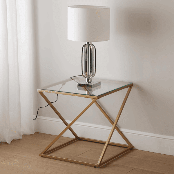 MESA AUXILIAR CUADRADA METAL ORO CON TAPA DE CRISTAL 51X51 ALTO 51 CM - Imagen 2
