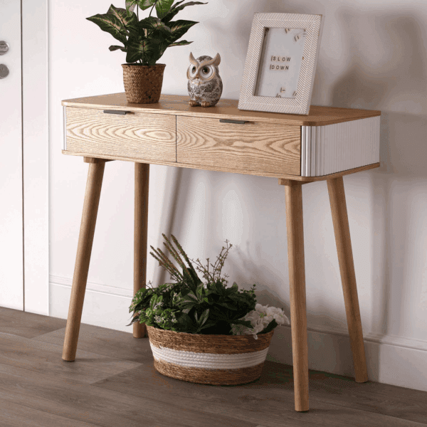CONSOLA MADERA DE ROBLE 2 CAJONES VARITAS BLANCAS 90X33 ALTO 77,5 CM - Imagen 2