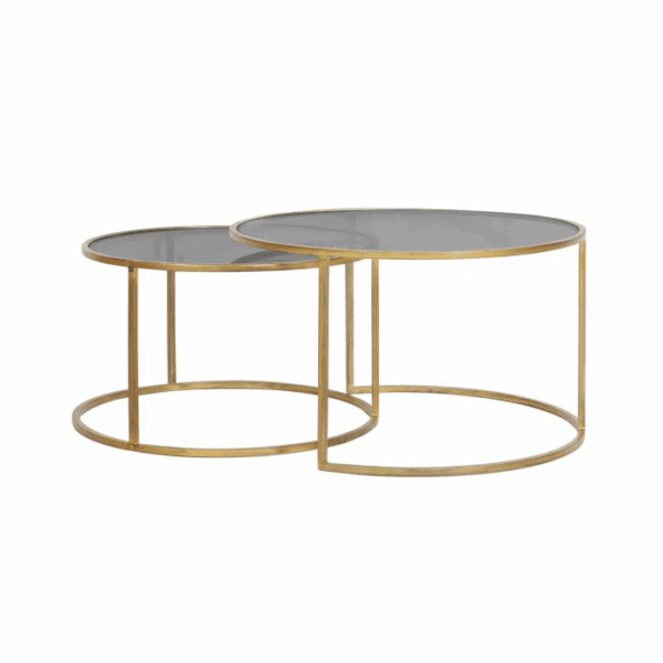 MESA CENTRO NIDO REDONDAS METAL ORO CON TAPA CRISTAL GRIS AHUMADO SET 2 UD ALTO 39/44 CM
