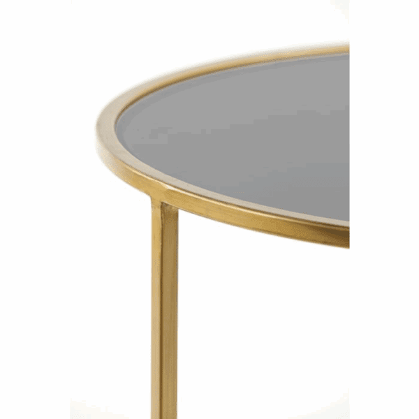 MESA CENTRO NIDO REDONDAS METAL ORO CON TAPA CRISTAL GRIS AHUMADO SET 2 UD ALTO 39/44 CM - Imagen 4