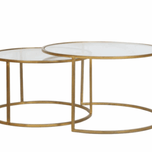 MESA CENTRO NIDO REDONDAS METAL ORO CON TAPA CRISTAL SET 2 UD ALTO 39/44 CM
