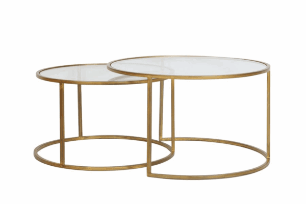 MESA CENTRO NIDO REDONDAS METAL ORO CON TAPA CRISTAL SET 2 UD ALTO 39/44 CM
