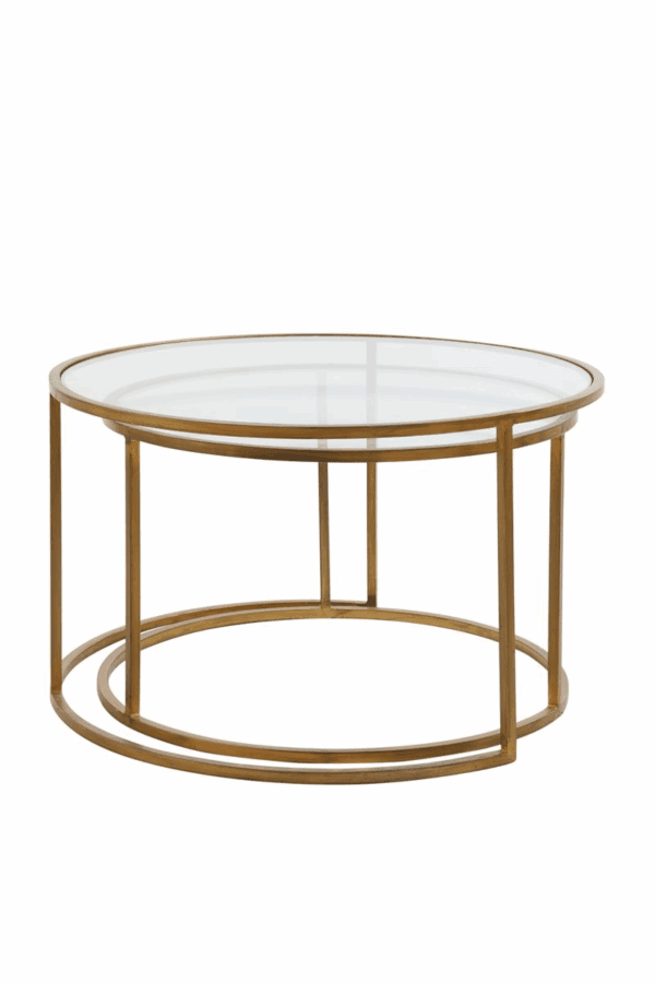 MESA CENTRO NIDO REDONDAS METAL ORO CON TAPA CRISTAL SET 2 UD ALTO 39/44 CM - Imagen 2