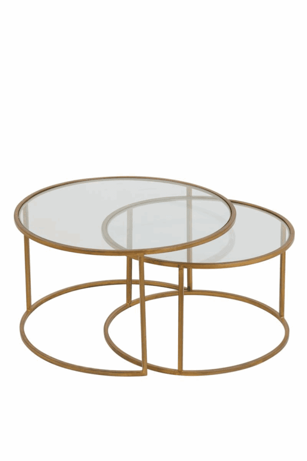 MESA CENTRO NIDO REDONDAS METAL ORO CON TAPA CRISTAL SET 2 UD ALTO 39/44 CM - Imagen 3