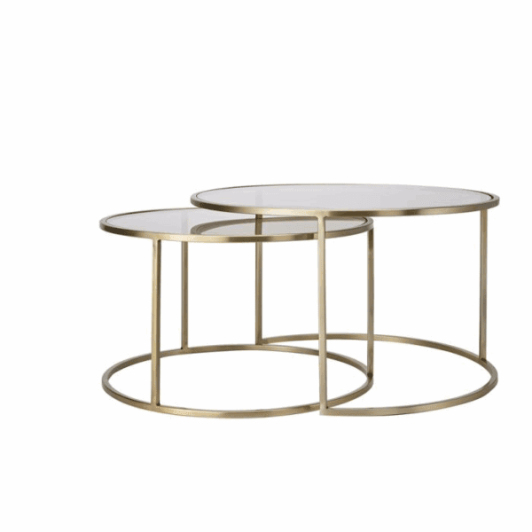 MESA CENTRO NIDO REDONDAS METAL ORO CON TAPA CRISTAL MARRÓN AHUMADO SET 2 UD ALTO 39/44 CM