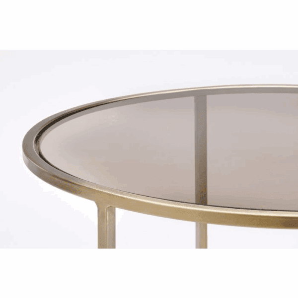 MESA CENTRO NIDO REDONDAS METAL ORO CON TAPA CRISTAL MARRÓN AHUMADO SET 2 UD ALTO 39/44 CM - Imagen 3