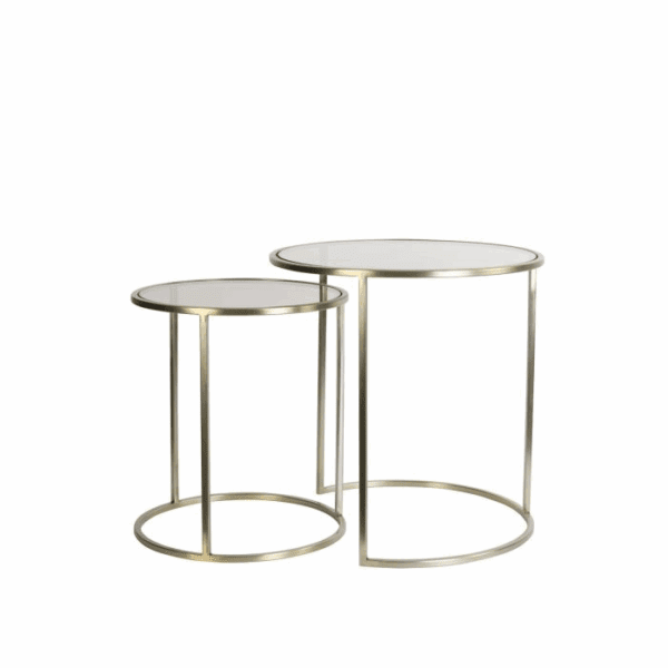 MESA CENTRO NIDO REDONDAS HIERRO CON TAPA DE CRISTAL MARRÓN AHUMADO SET 2 UD ALTO 45/52 CM