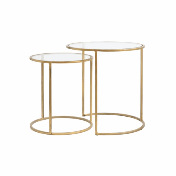 MESA CENTRO NIDO REDONDAS HIERRO CON TAPA DE CRISTAL SET 2 UD ALTO 45/52 CM